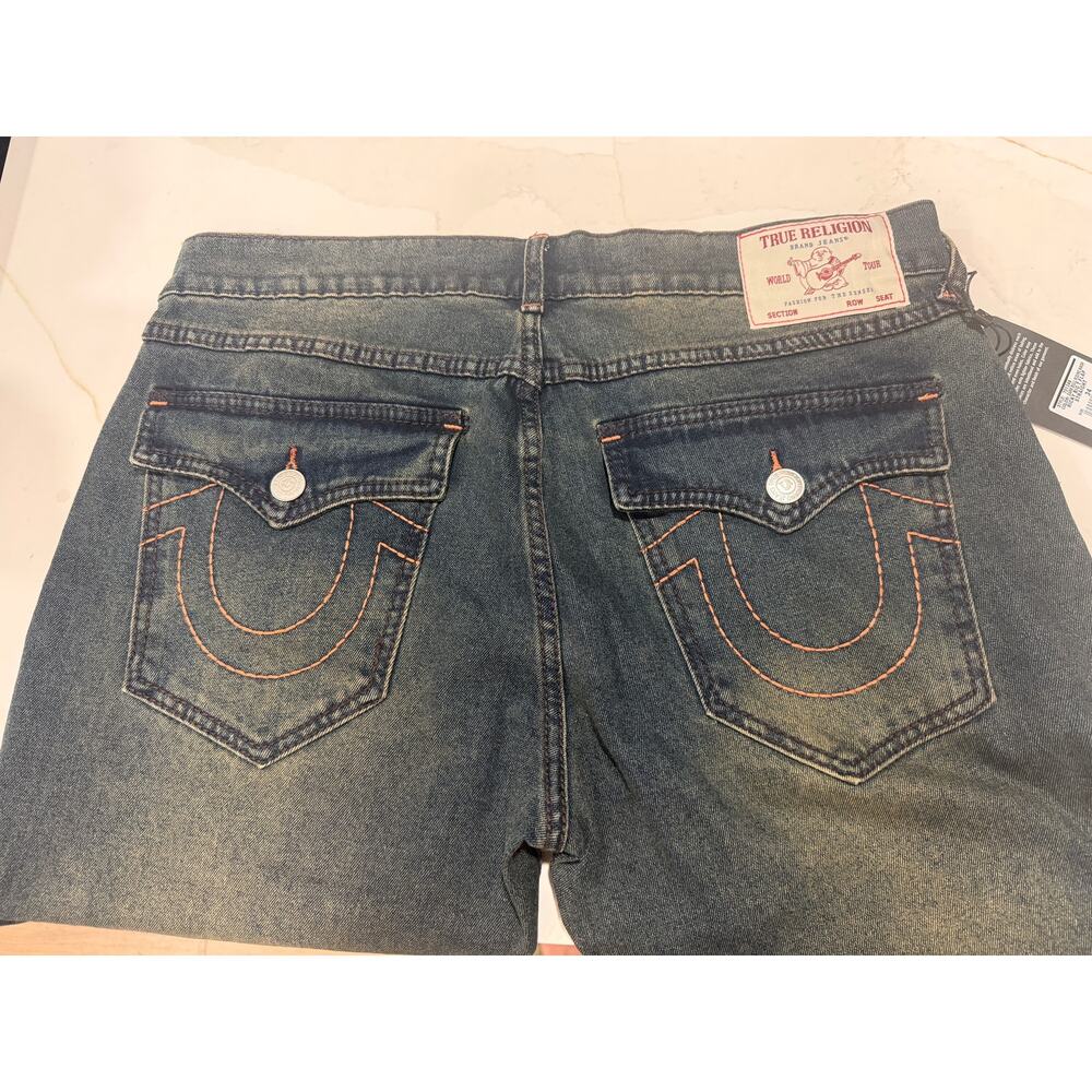 NWT True Religion Geno Jeans Men 34x32 Denim Big T Flap Relaxed Slim Pink Stitch